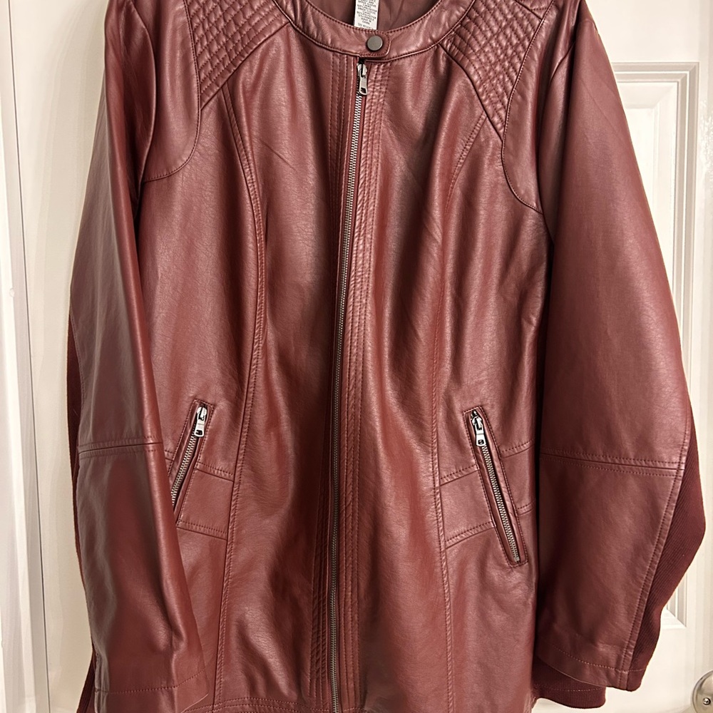 Catherines Maroon Vegan Leather Jacket with Quilted Shoulder Detail
